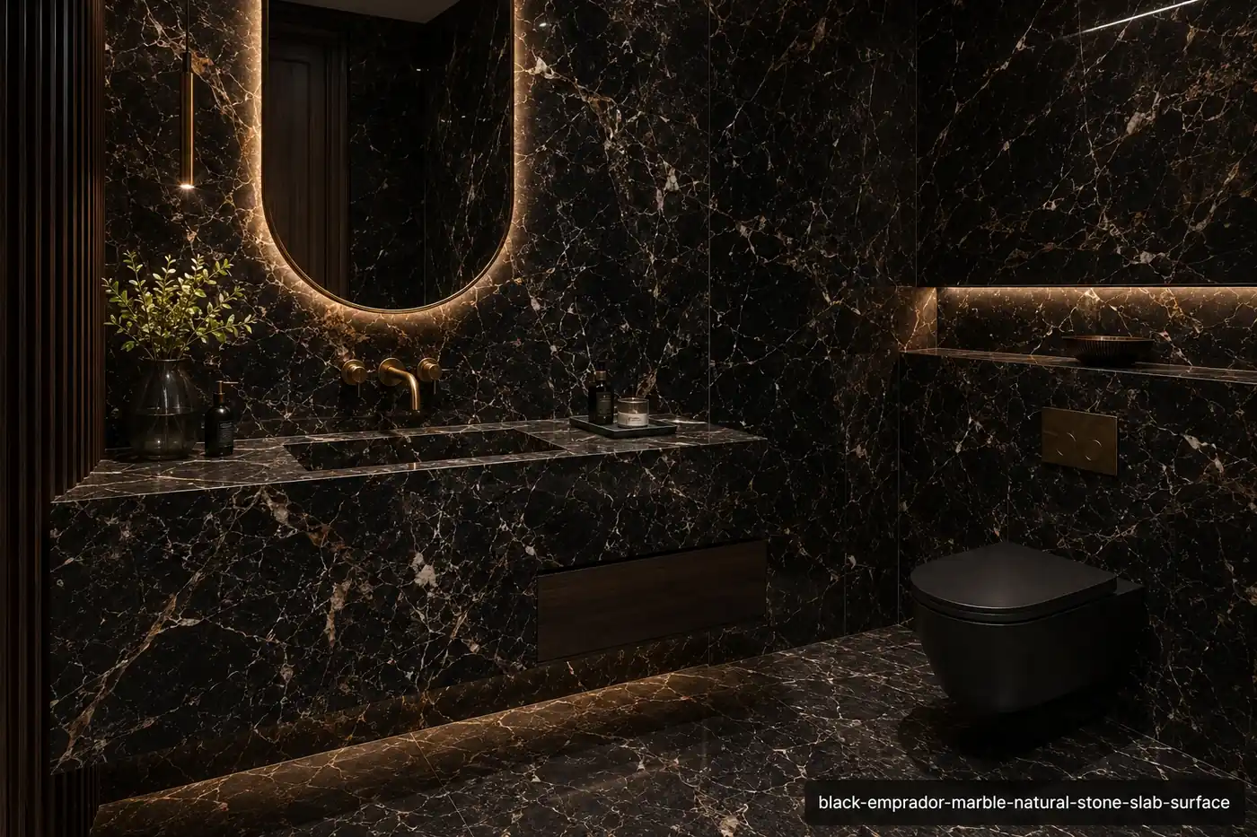 Dramatic charcoal slab in a luxury powder room with floating vanity, feature wall and floor panels crossed by cream veining.