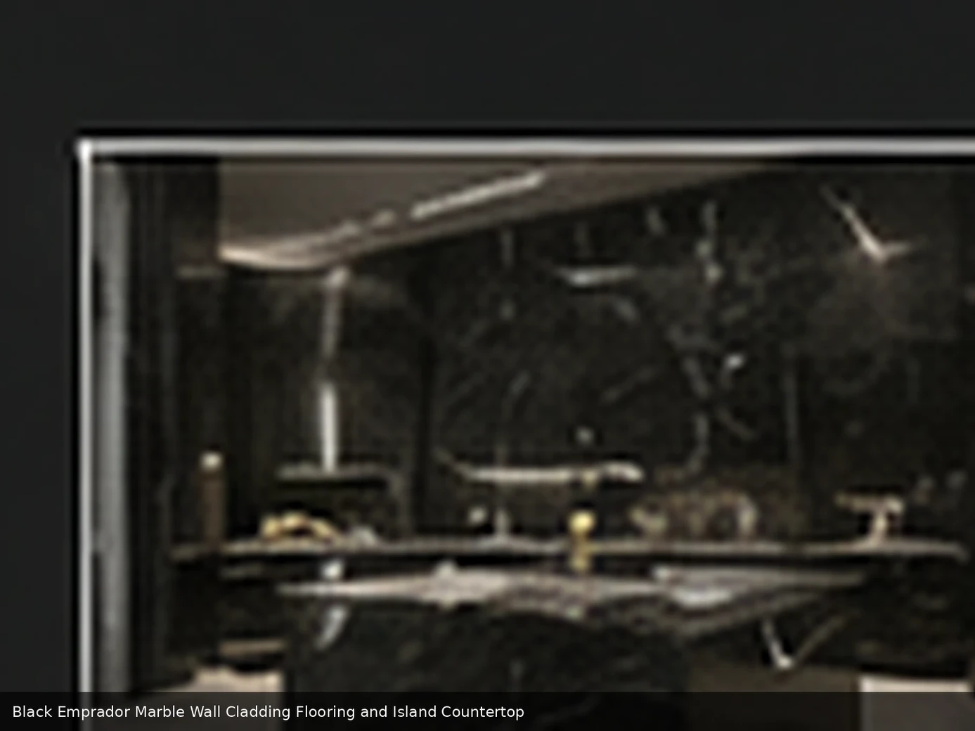 polished statement material across wall cladding, floor and island countertop, with natural veining in a refined interior.