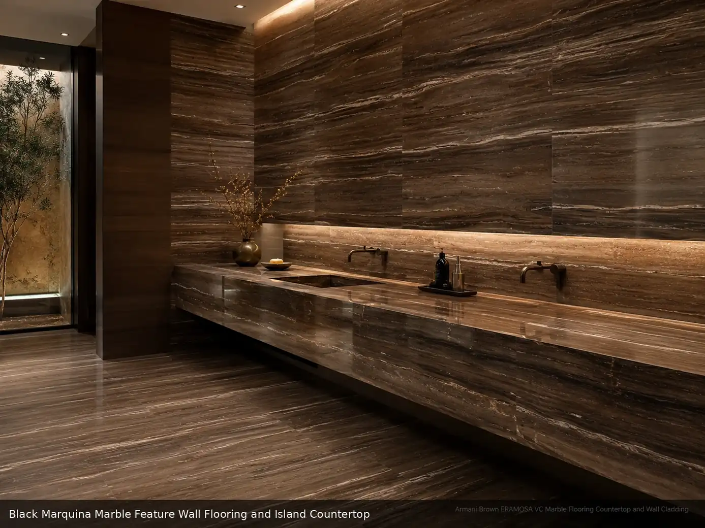 elegant dark feature stone across feature wall, floor and island countertop, with natural veining in a refined interior.