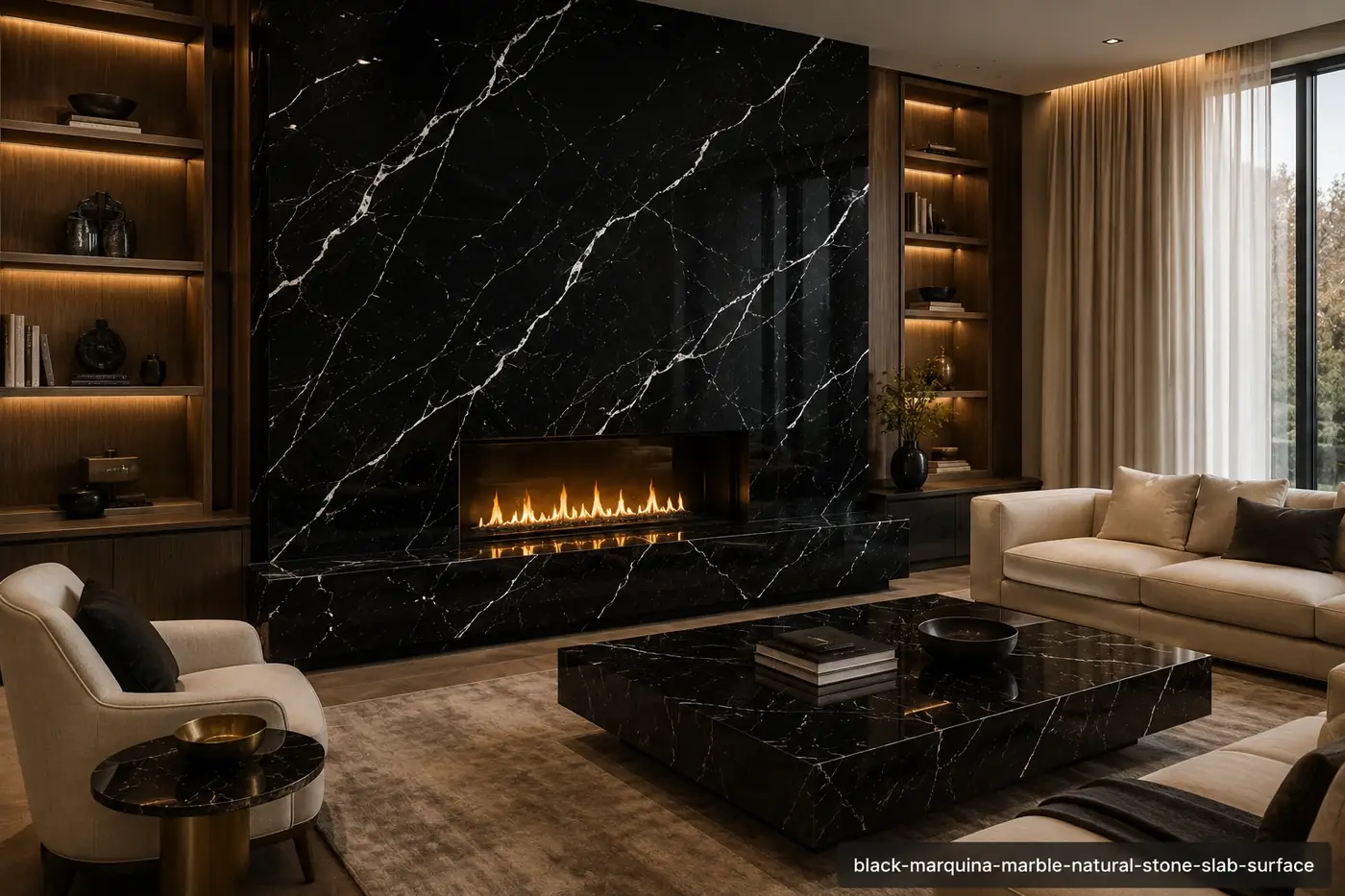 Classic monochrome slab on a living room fireplace wall, hearth and console with bold white veins and reflective black depth.