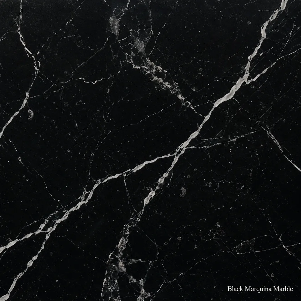 Black Marquina Marble with jet black veined stone, bold white calcite branches, fossil marks and a deep polished finish.