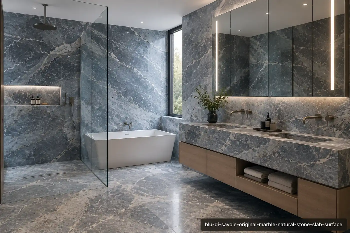 Refined alpine surface across a walk-in shower, floating vanity, bathtub surround and flooring with soft blue-grey movement.
