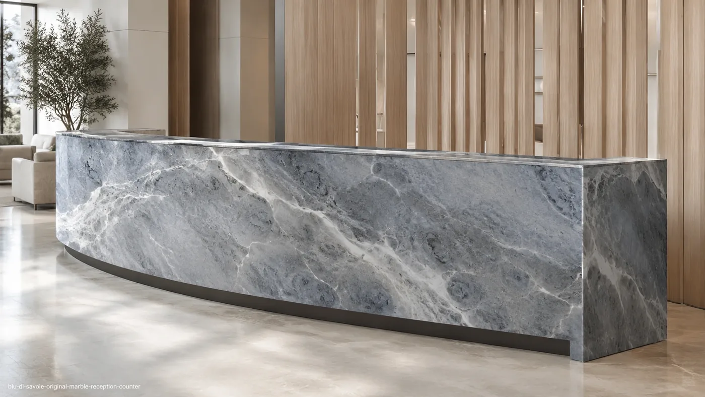 Blu Di Savoie Original Marble reception counter with blue-grey stone, white ribbons and a curved honed fascia.