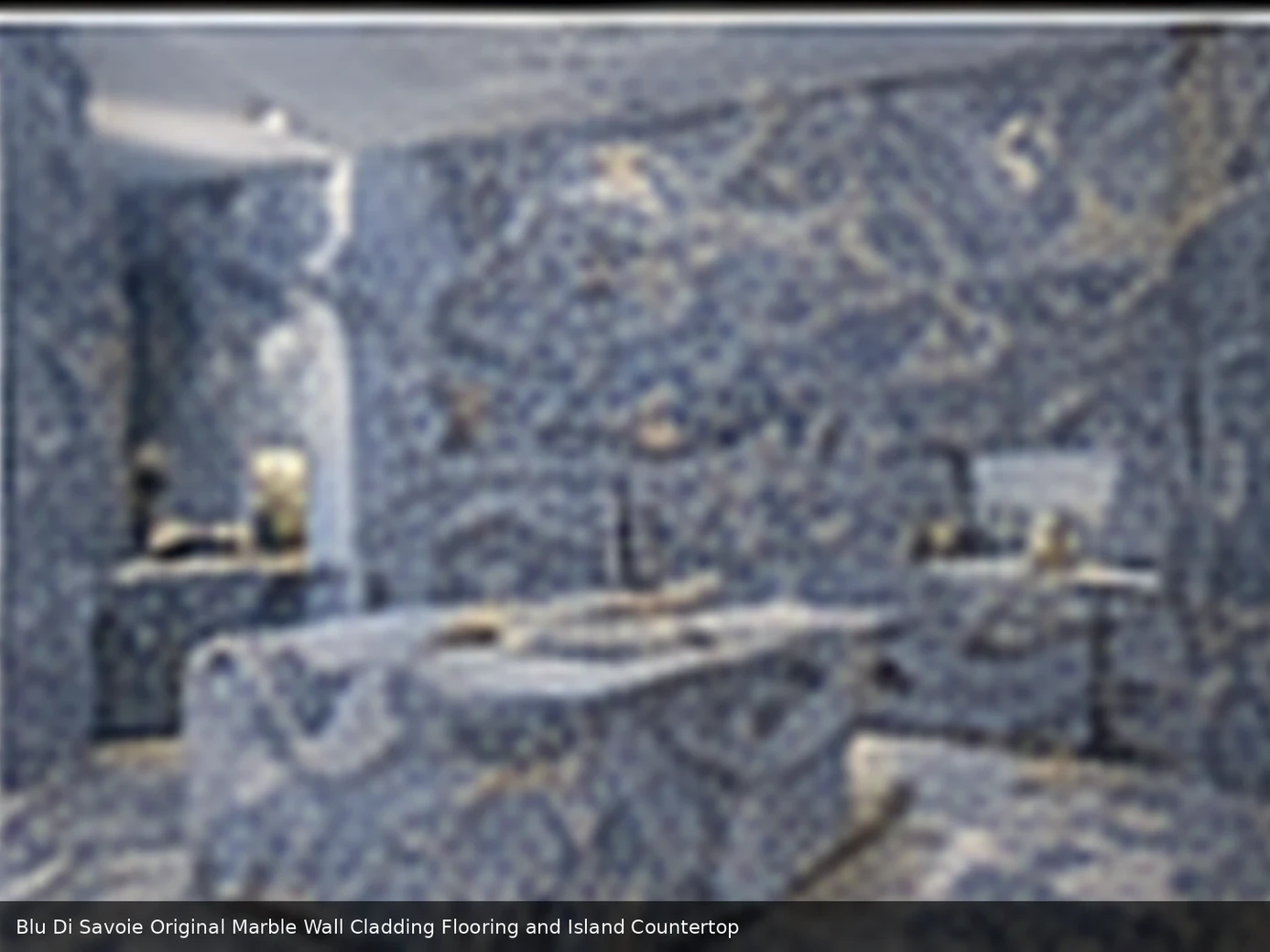 calm contemporary feature material across wall panels, floor and island countertop, with realistic veining and soft daylight.