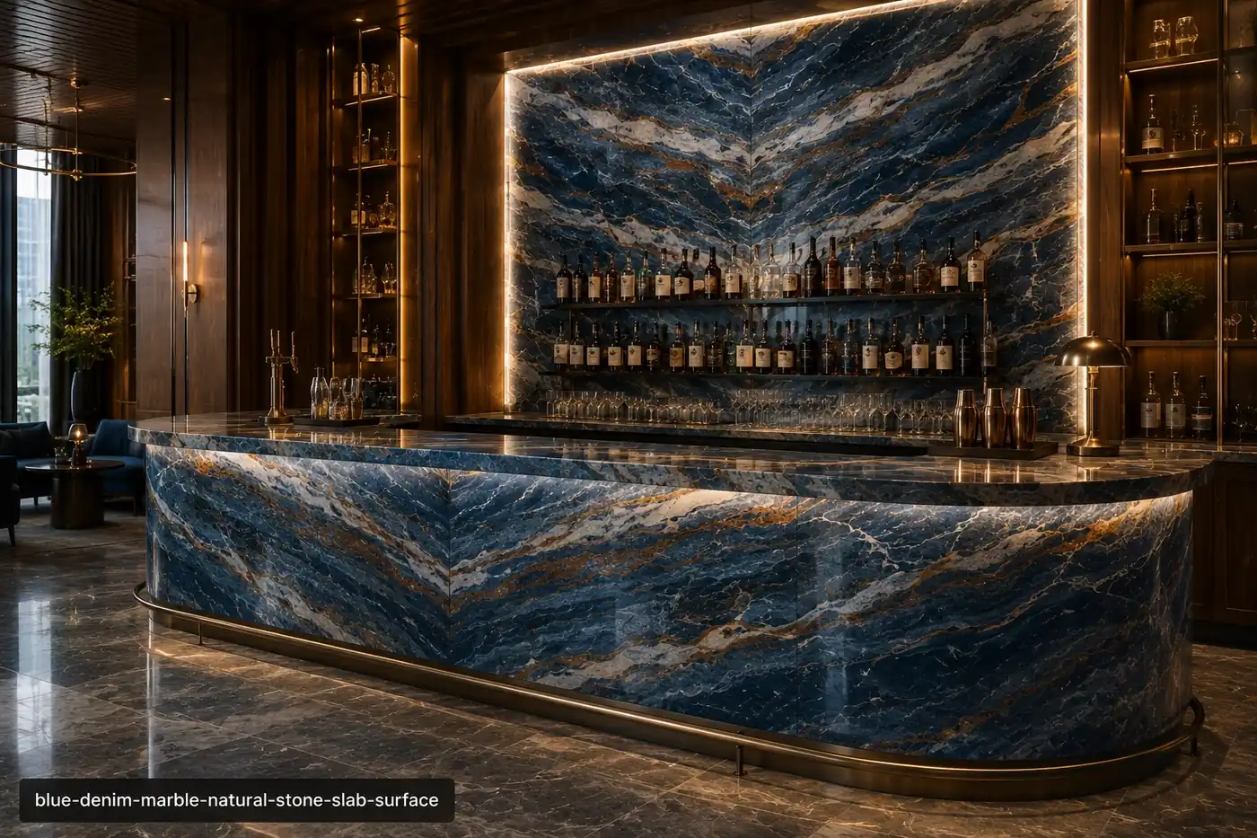 Fabric inspired mineral texture on a bookmatched hotel bar wall and curved counter with layered denim blue and bronze bands.