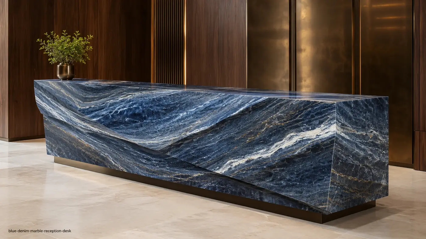 Blue Denim Marble reception desk with rippling denim-blue, bronze and white stone bands across a sculptural front.