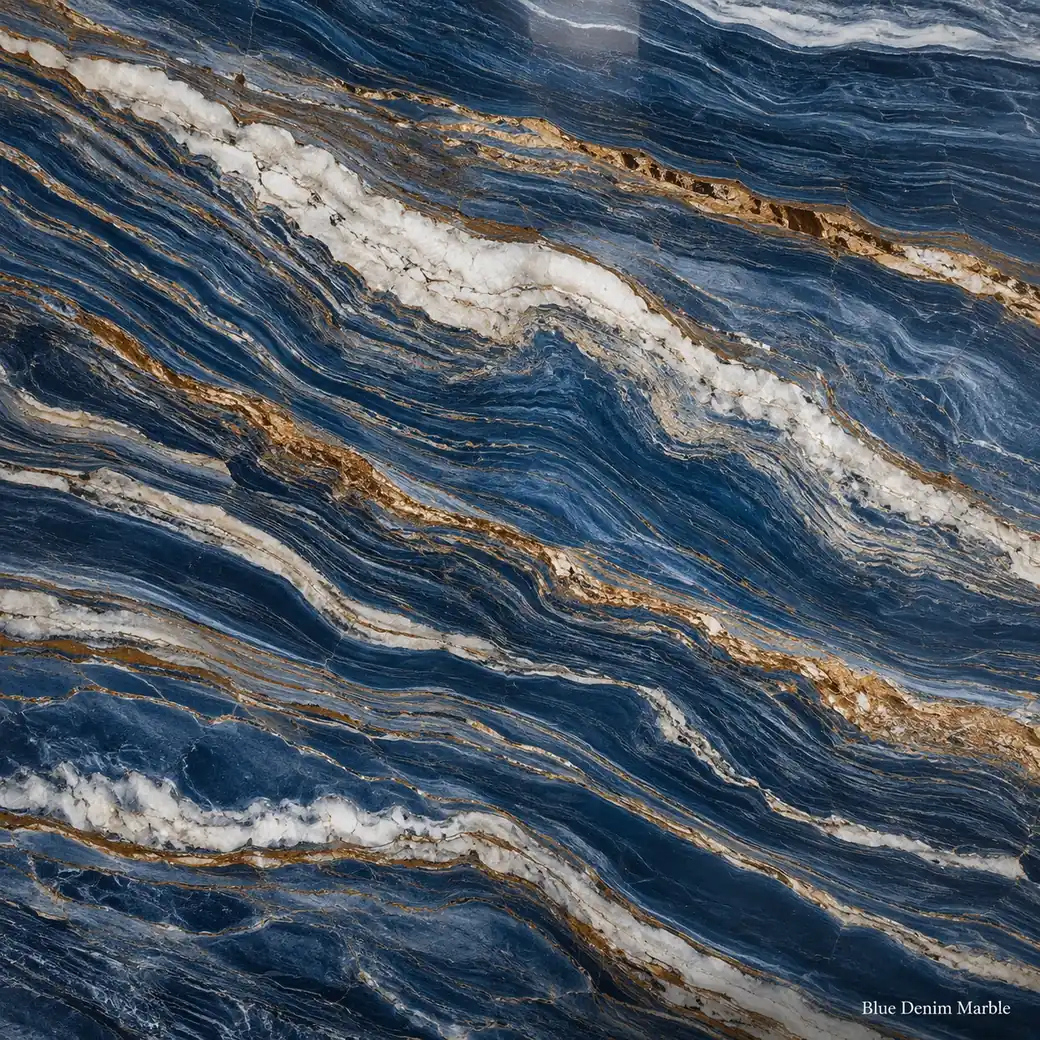 Blue Denim Marble with denim blue natural stone, sweeping white ribbons, bronze seams and a richly polished layered finish.