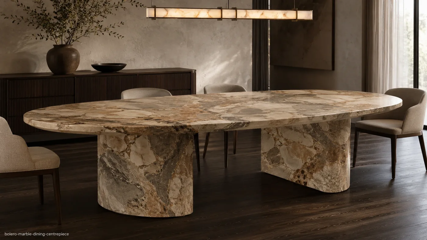 Bolero Marble dining centrepiece with beige, caramel, taupe and rust movement on a sculptural oval table.
