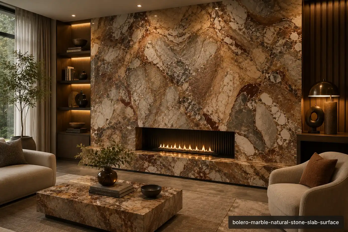 Richly patterned luxury slab on a lounge feature wall, fireplace and side console with beige, rust and smoky grey swirls.