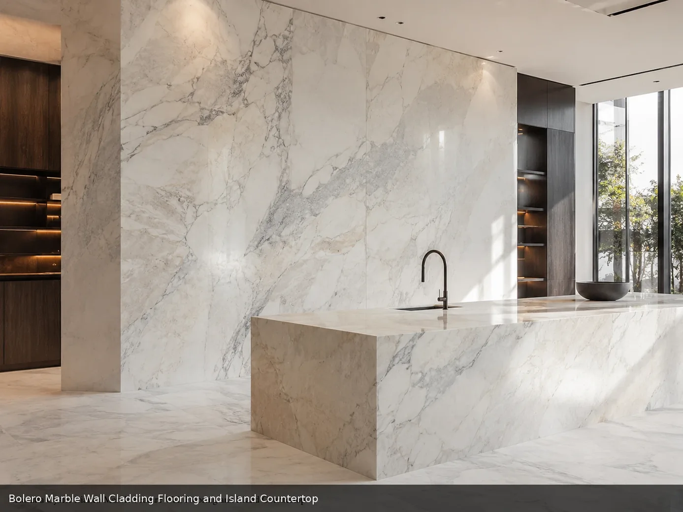 high movement architectural surface on wall cladding, floor and island countertop, with realistic veining and soft daylight.