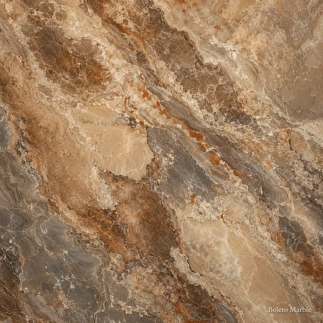 Bolero Marble with rhythmic flowing vein stone, warm beige clouds, caramel swirls, rust accents and polished mineral depth.