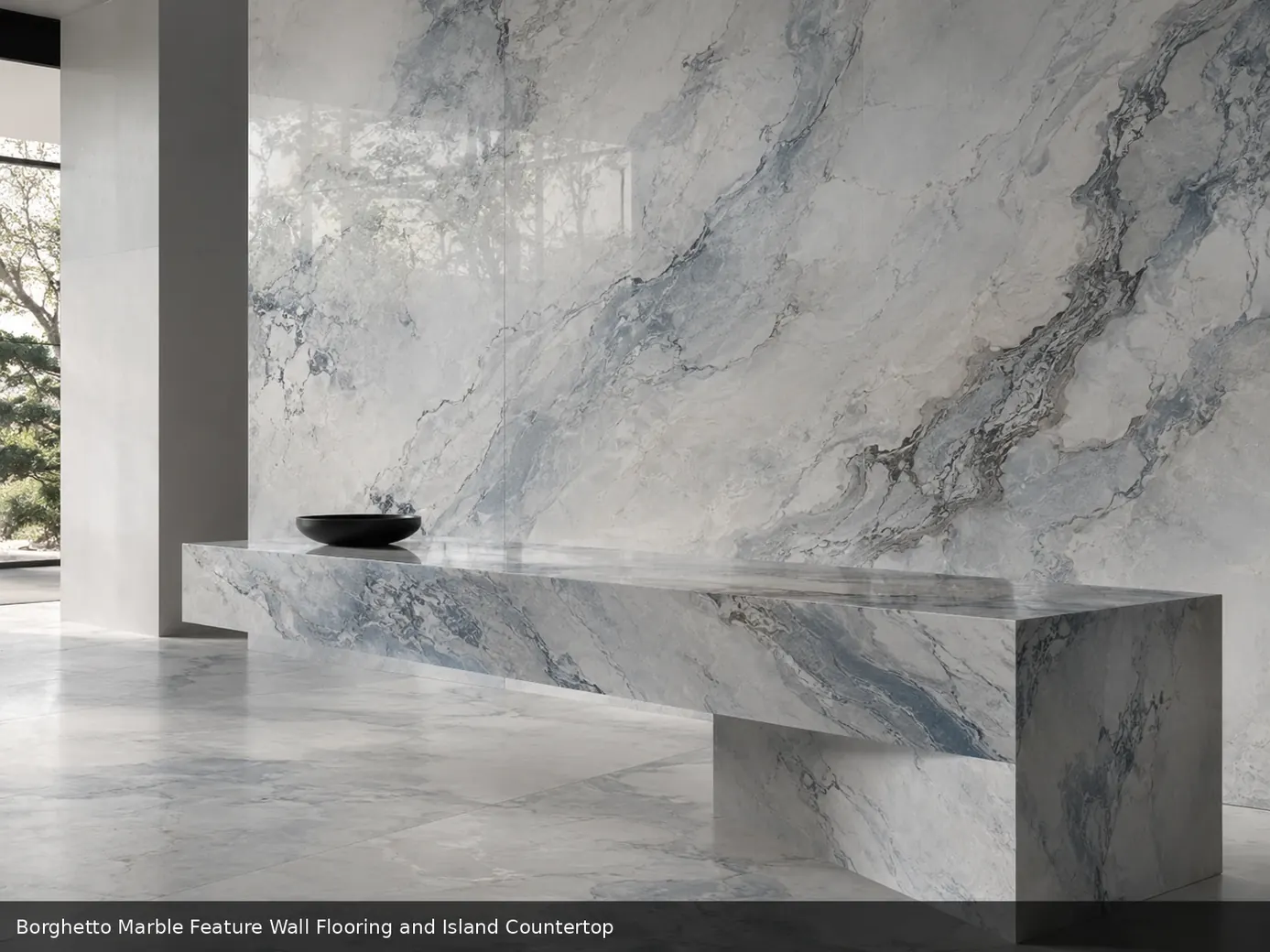 subtle movement decorative surface on feature wall, floor and island countertop, with natural veining in a refined interior.