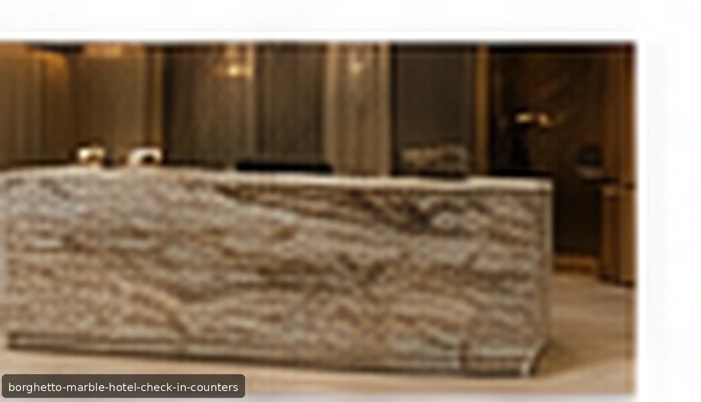 Borghetto Marble hotel check-in counters with creamy greige stone, flowing grey-beige veins and curved fronts.