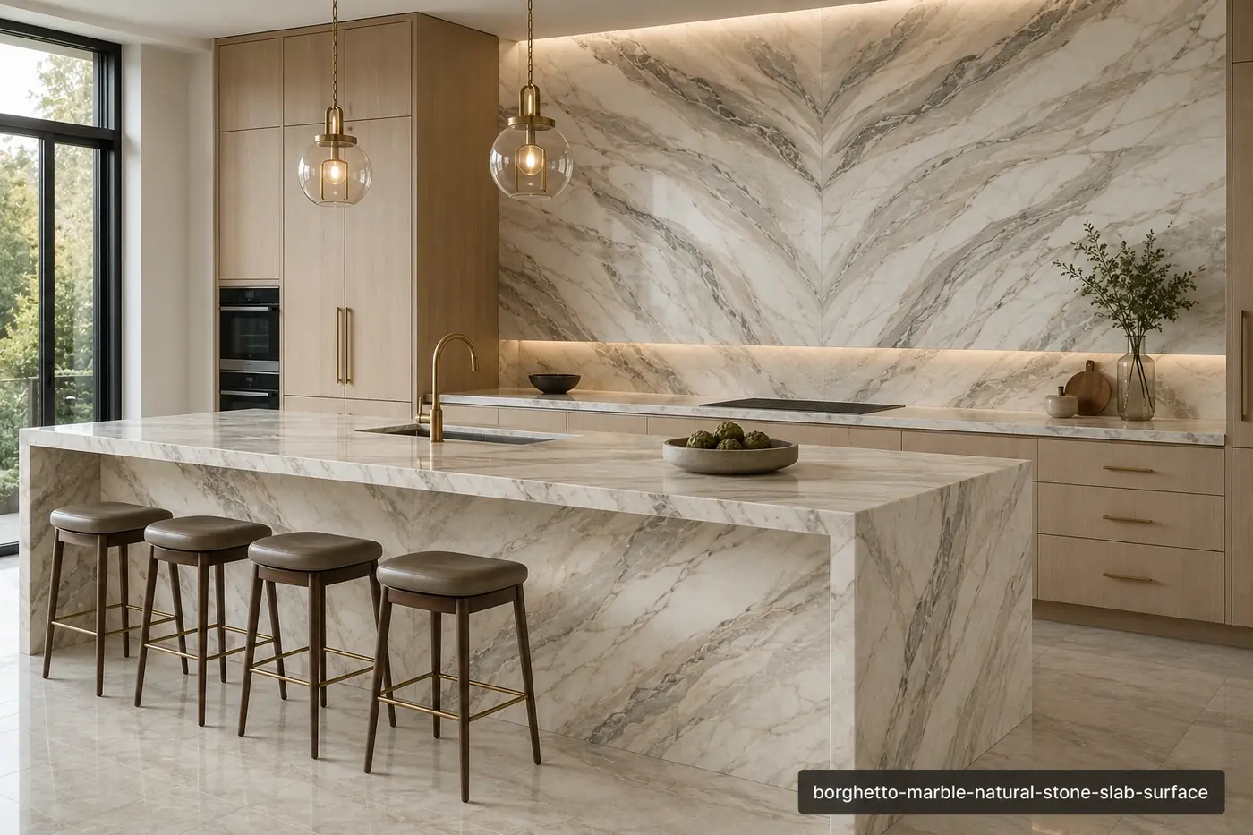 Understated luxury slab on a waterfall kitchen island, bookmatched backsplash and countertops with greige ribbon veining.