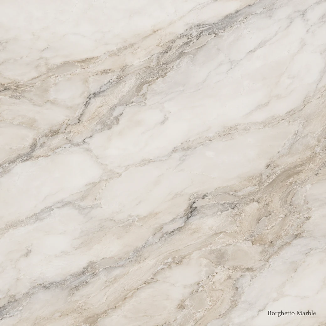 Borghetto Marble with refined village grey stone, creamy greige fields, taupe ribbons and a softly polished natural finish.