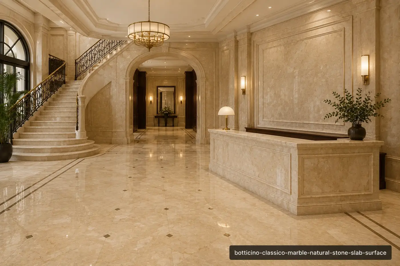Classic Italian cream slab across lobby flooring, wall pilasters, staircase and reception counter with honey-gold veins.