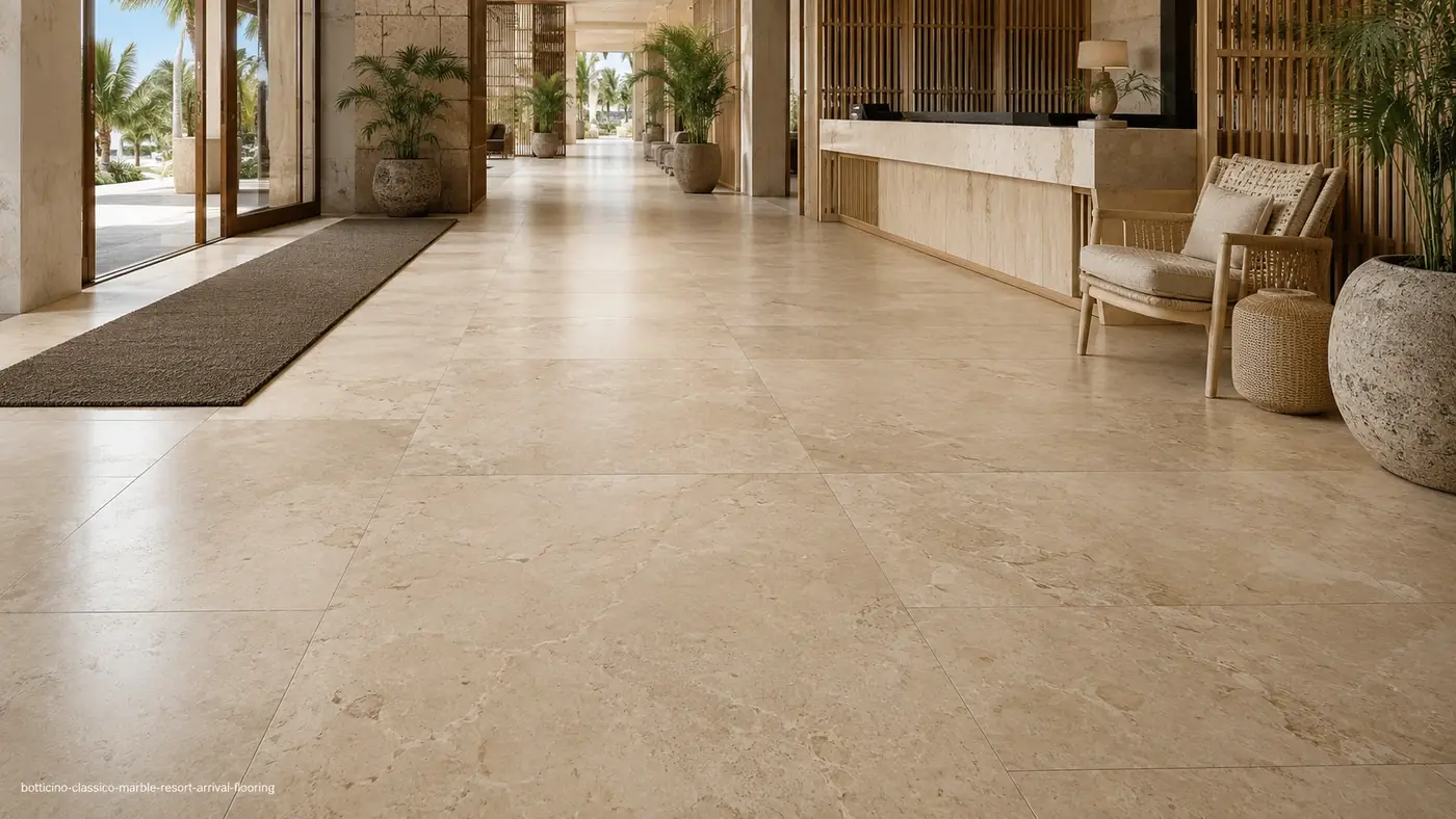Botticino Classico Marble resort arrival flooring with honed honey-beige slabs and subtle fossil details.