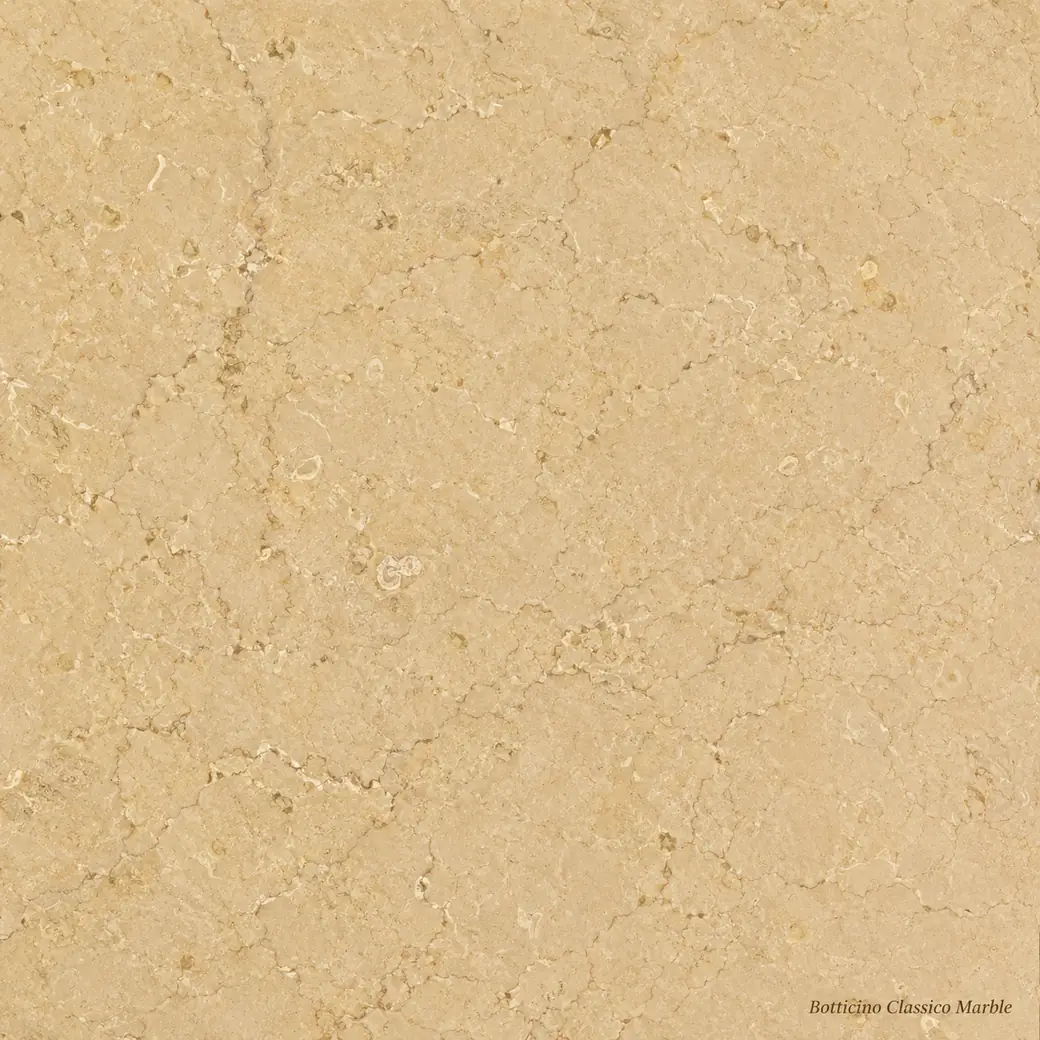 Botticino Classico Marble with warm beige heritage stone, honey tones, fine brown veins, fossil details and polished depth.