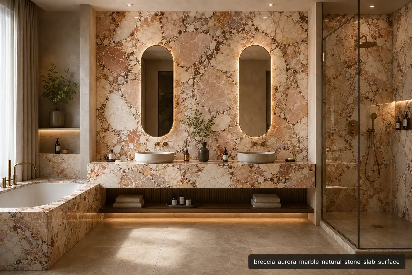 Cream rose fragmented surface on a bathroom vanity wall, bathtub surround and shower panels with warm crystalline movement.