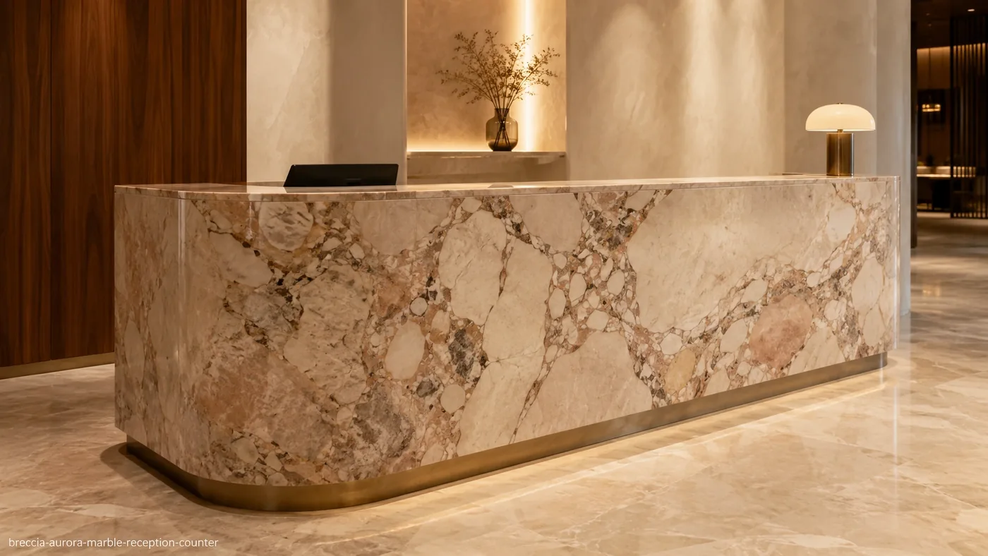 Breccia Aurora Marble reception counter with cream, blush and honey brecciated fragments in a curved stone front.