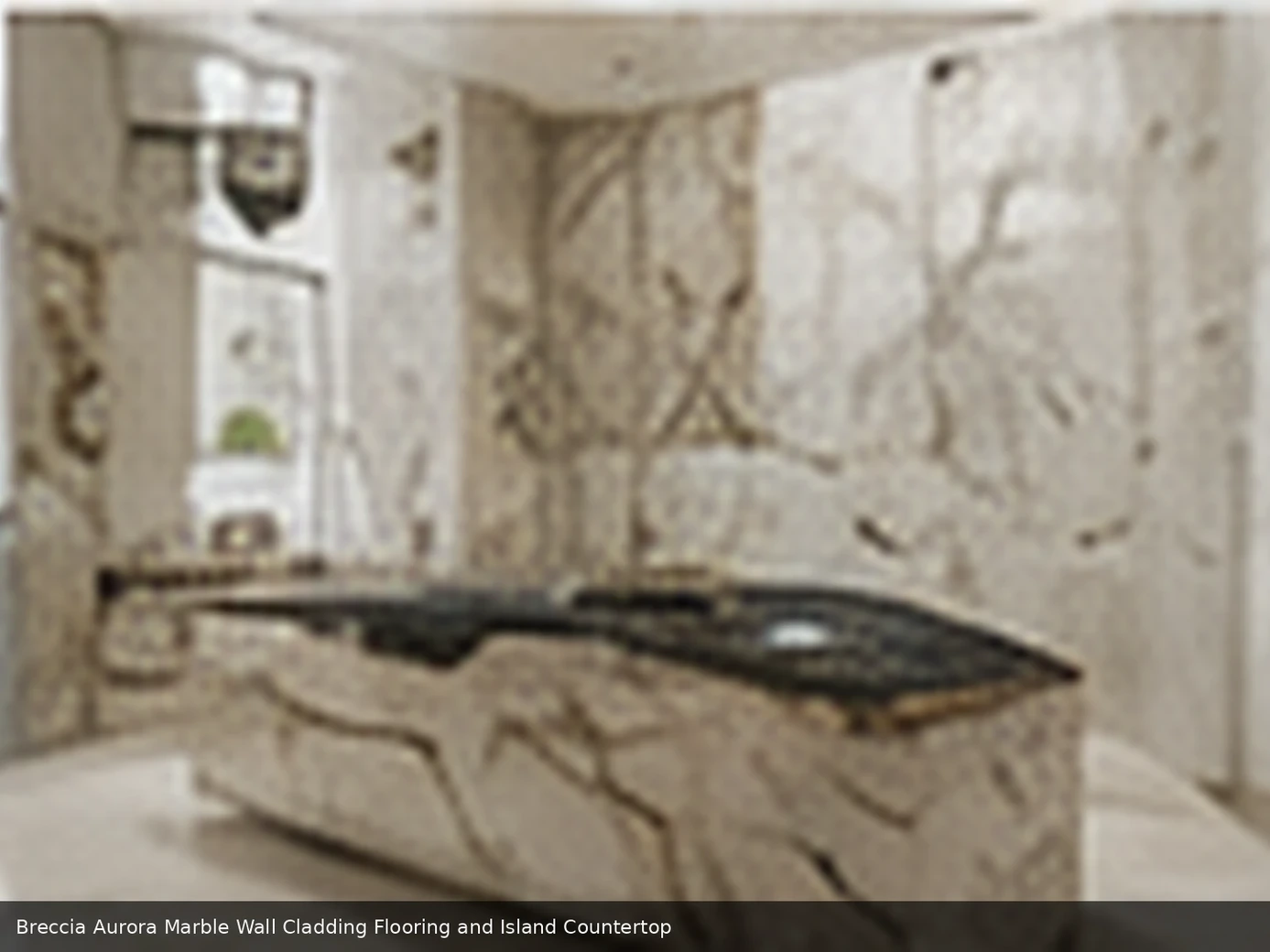 polished decorative breccia across wall cladding, floor and island countertop, with natural veining in a refined interior.