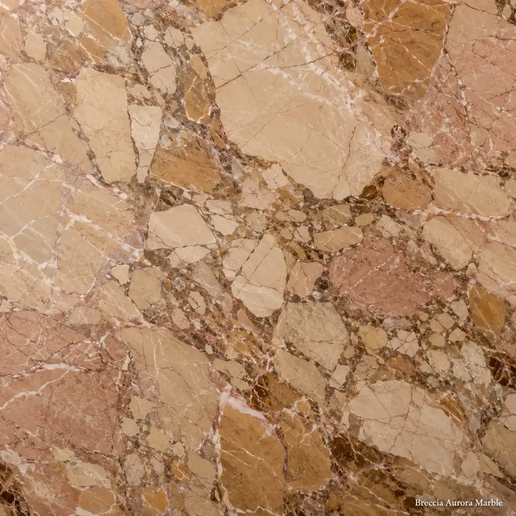 Breccia Aurora Marble with warm multicolor breccia stone, cream fragments, blush tones, honey veins and rich polished depth.