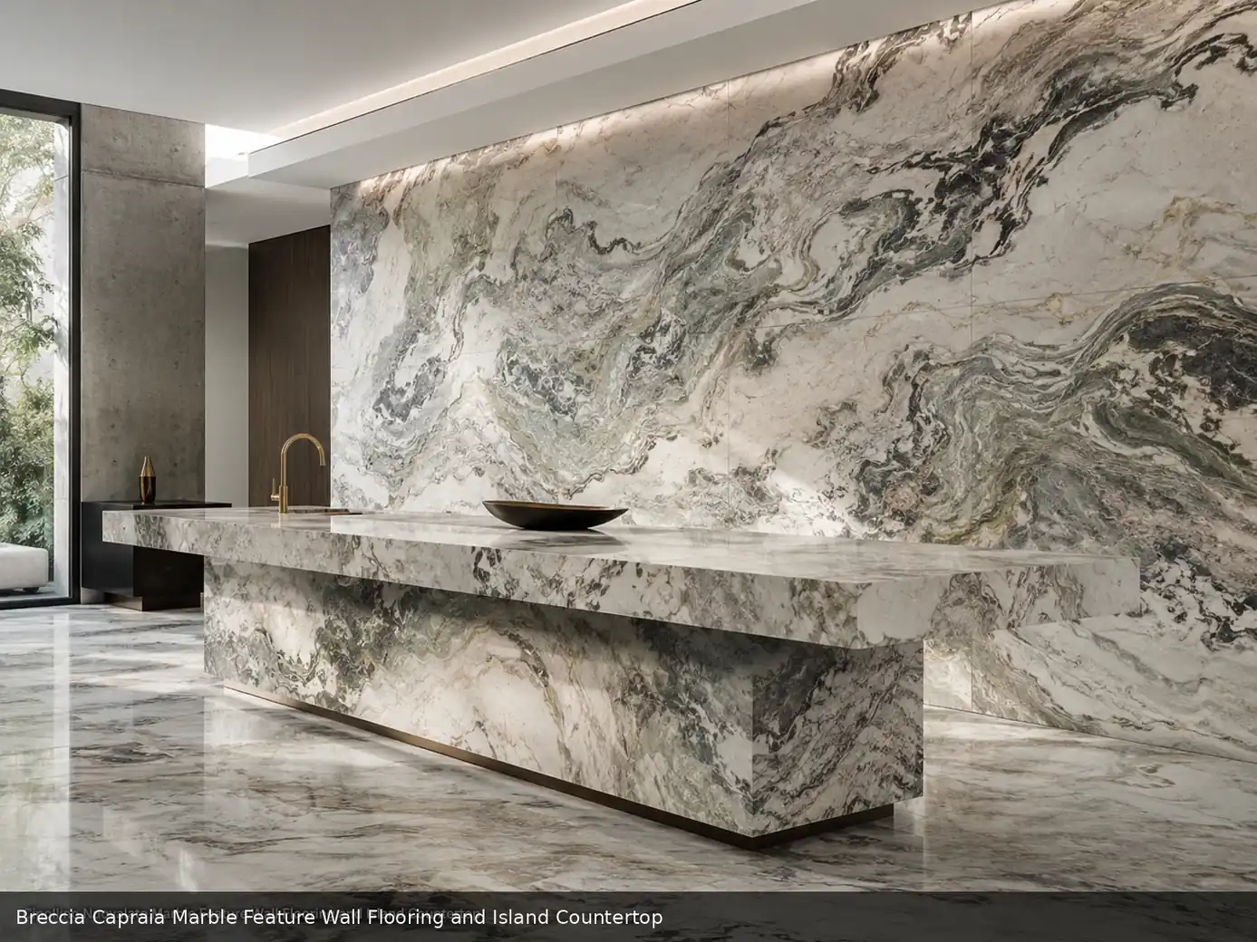 premium bookmatched surface across feature wall, floor and island countertop, with natural veining in a refined interior.