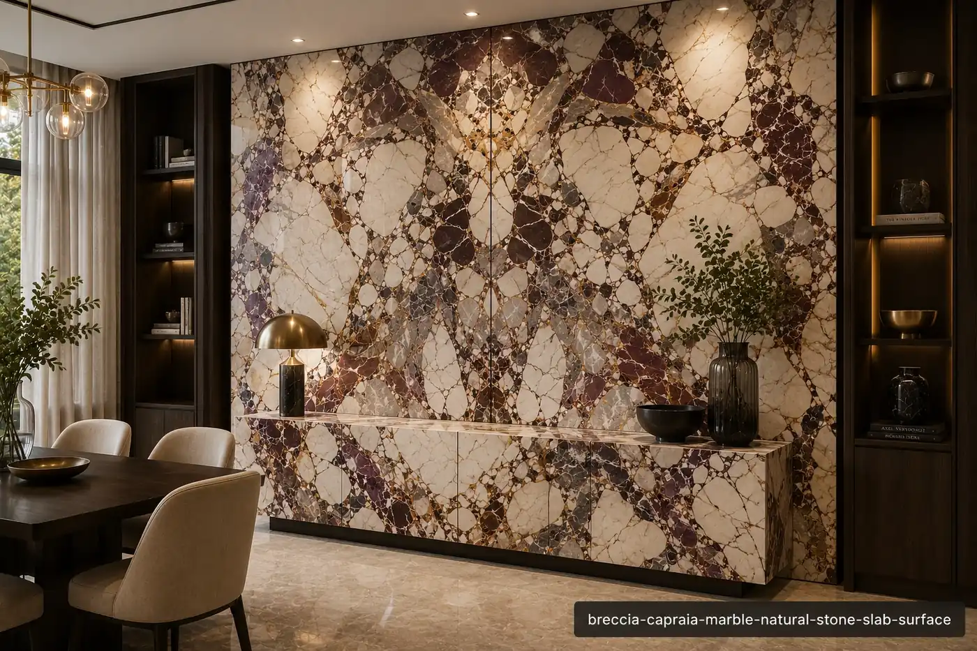 High contrast fragmented slab on a bookmatched dining room wall and sculptural console with burgundy, violet and gold veins.