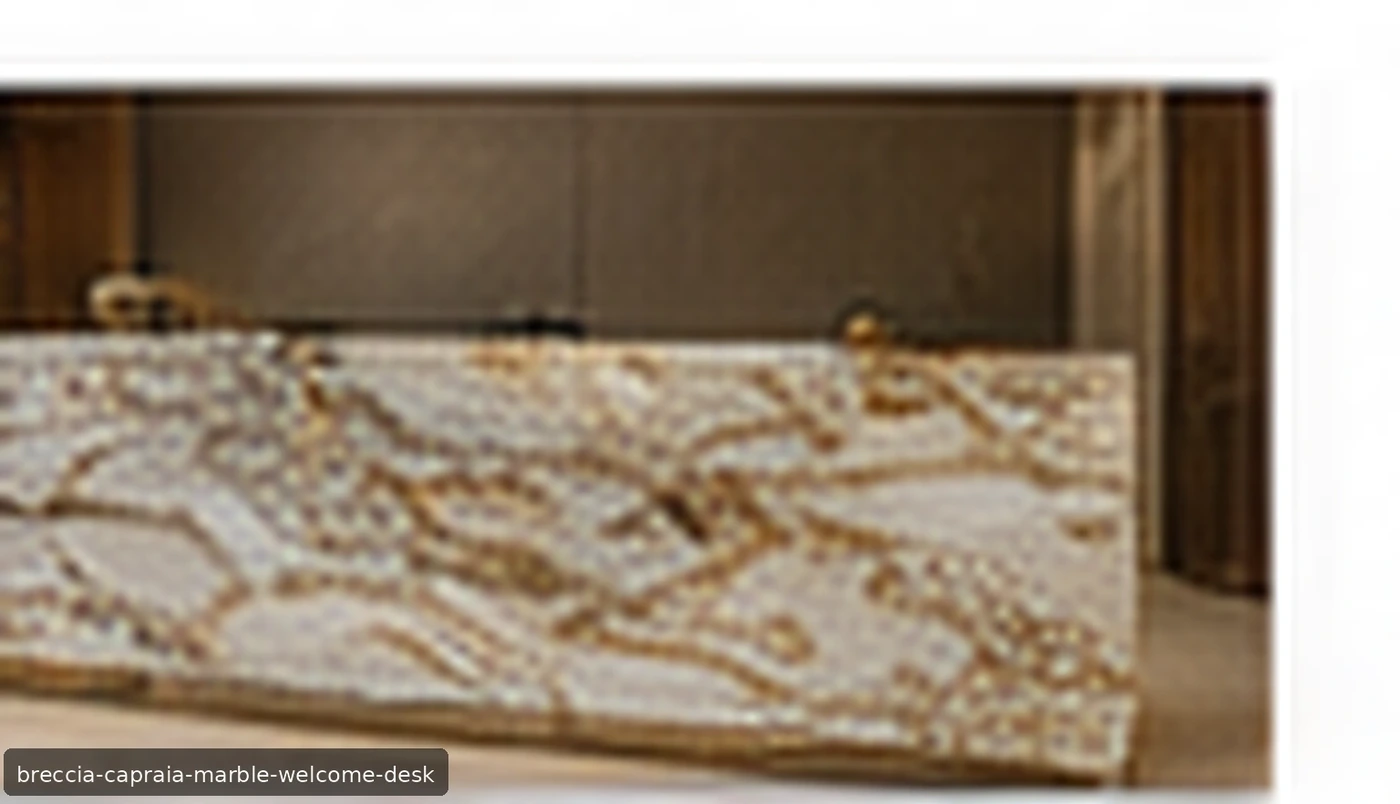 Breccia Capraia Marble welcome desk with ivory stone, burgundy, violet and gold veins across angular folded planes.