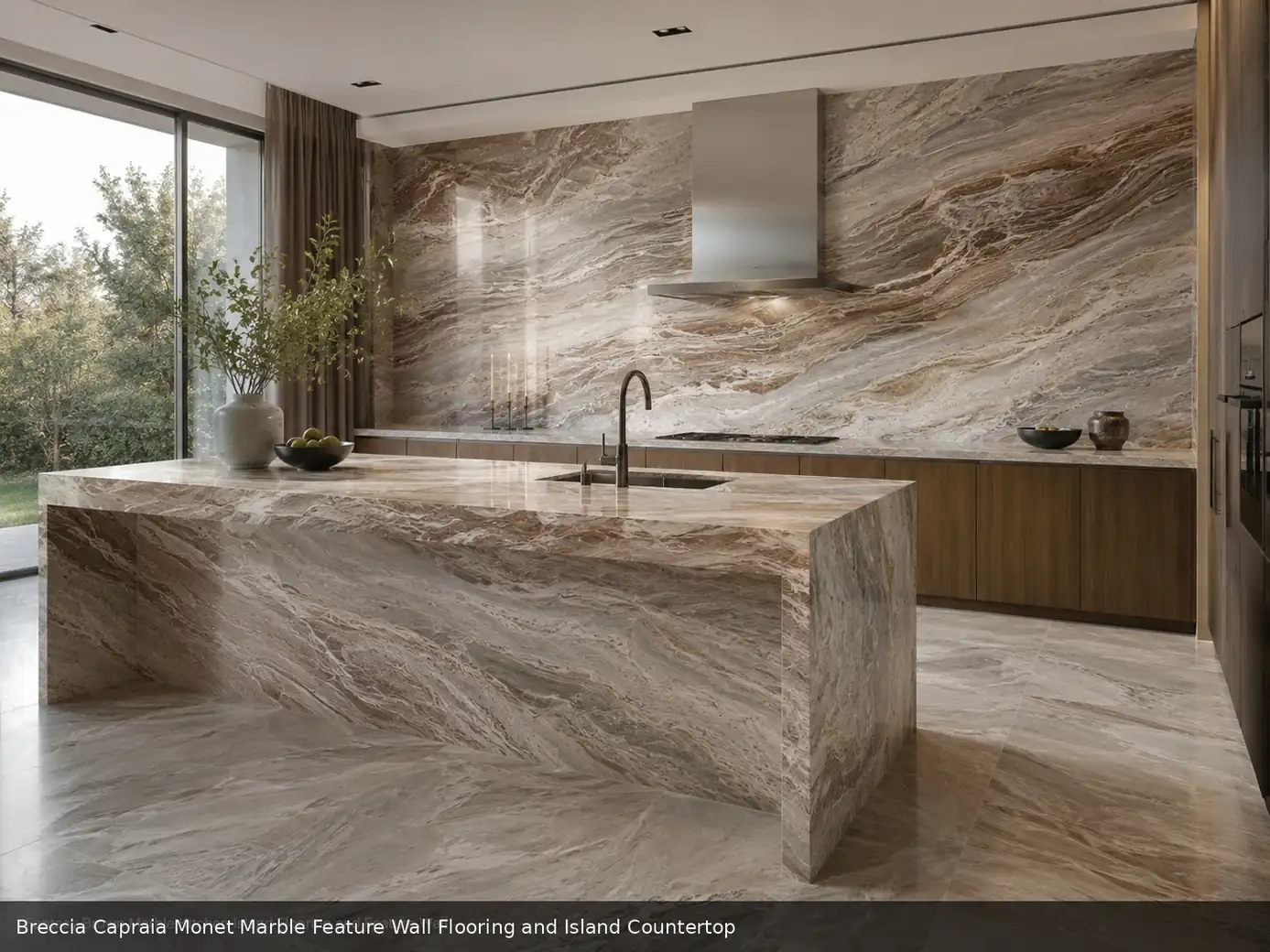 expressive bookmatched material across feature wall, floor and island countertop, with natural veining in a refined interior.