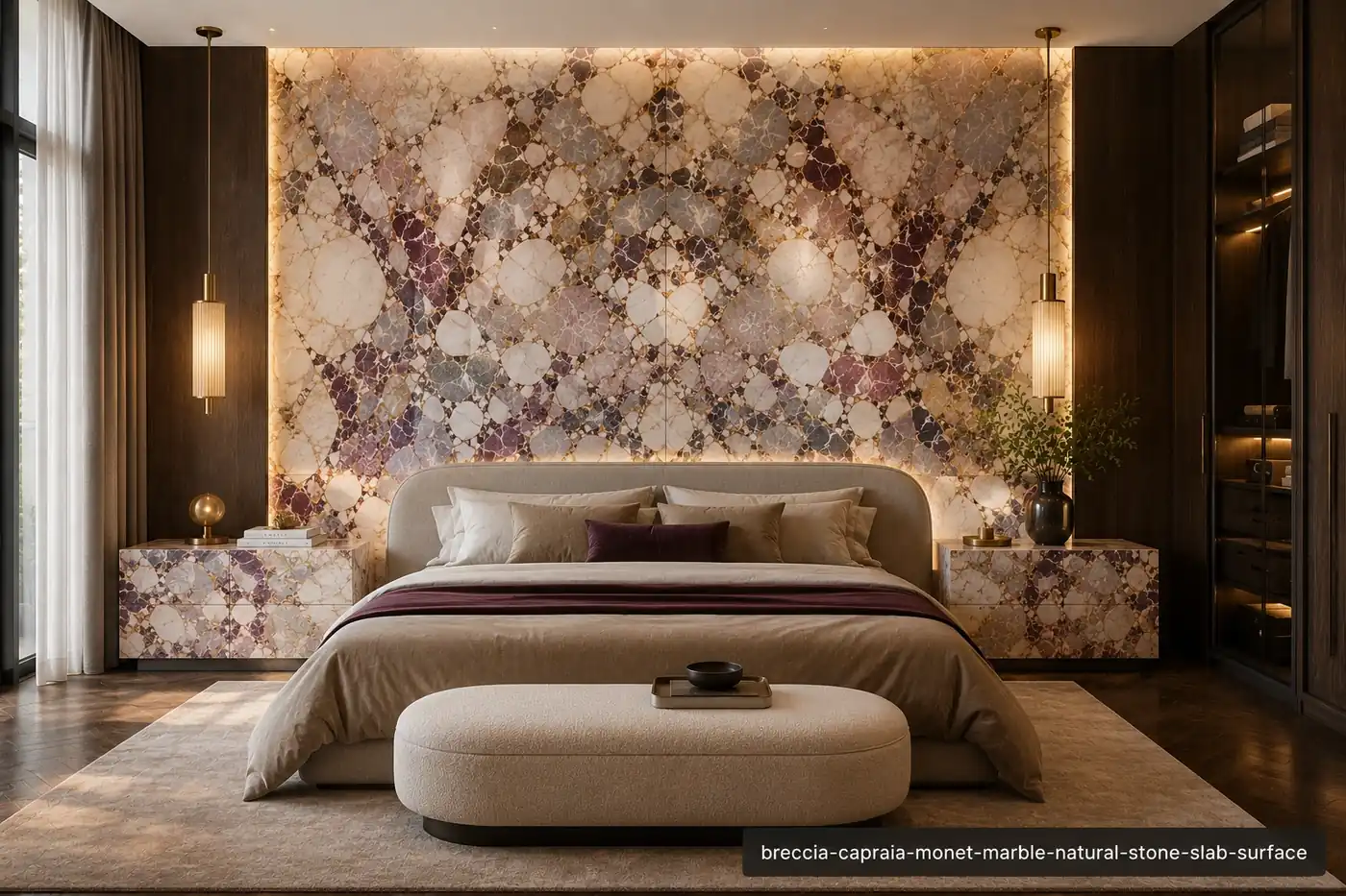 Soft burgundy vein pattern across a bedroom headboard wall and bedside surfaces with creamy white, lilac and grey blooms.