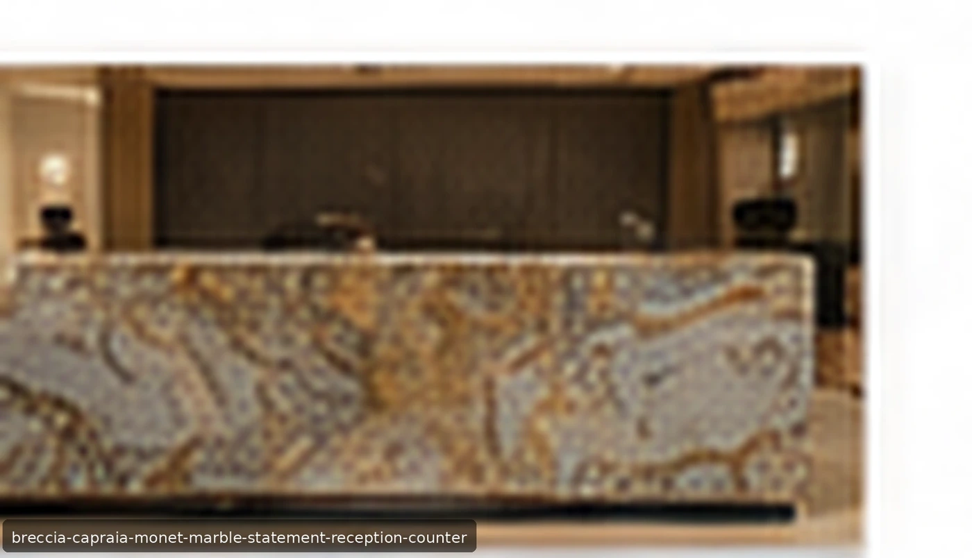 Breccia Capraia Monet Marble reception counter with creamy stone, lilac clouds, burgundy veins and muted gold.