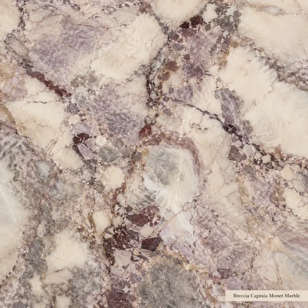Breccia Capraia Monet Marble with painterly violet breccia stone, lilac clouds, burgundy veins and luminous polished depth.