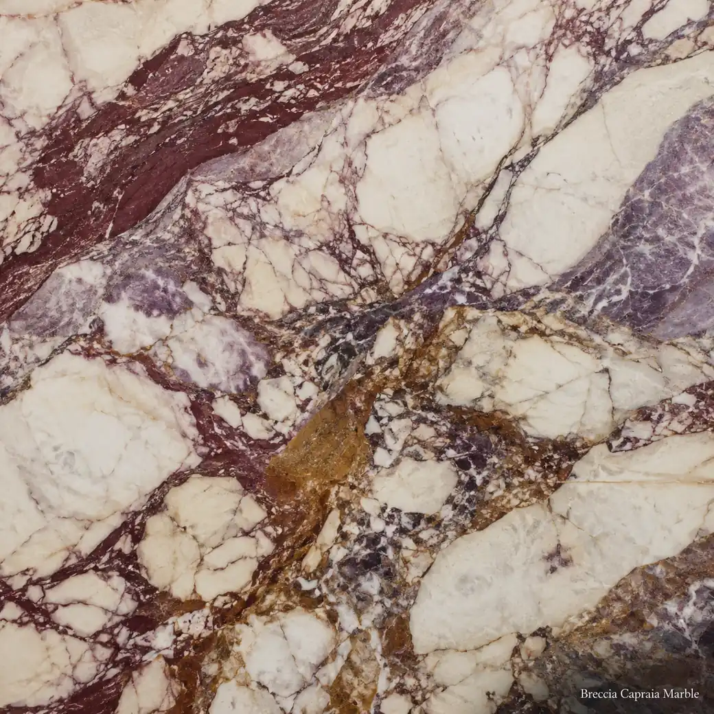 Breccia Capraia Marble with dramatic white breccia stone, burgundy veins, violet-grey movement and polished gold accents.