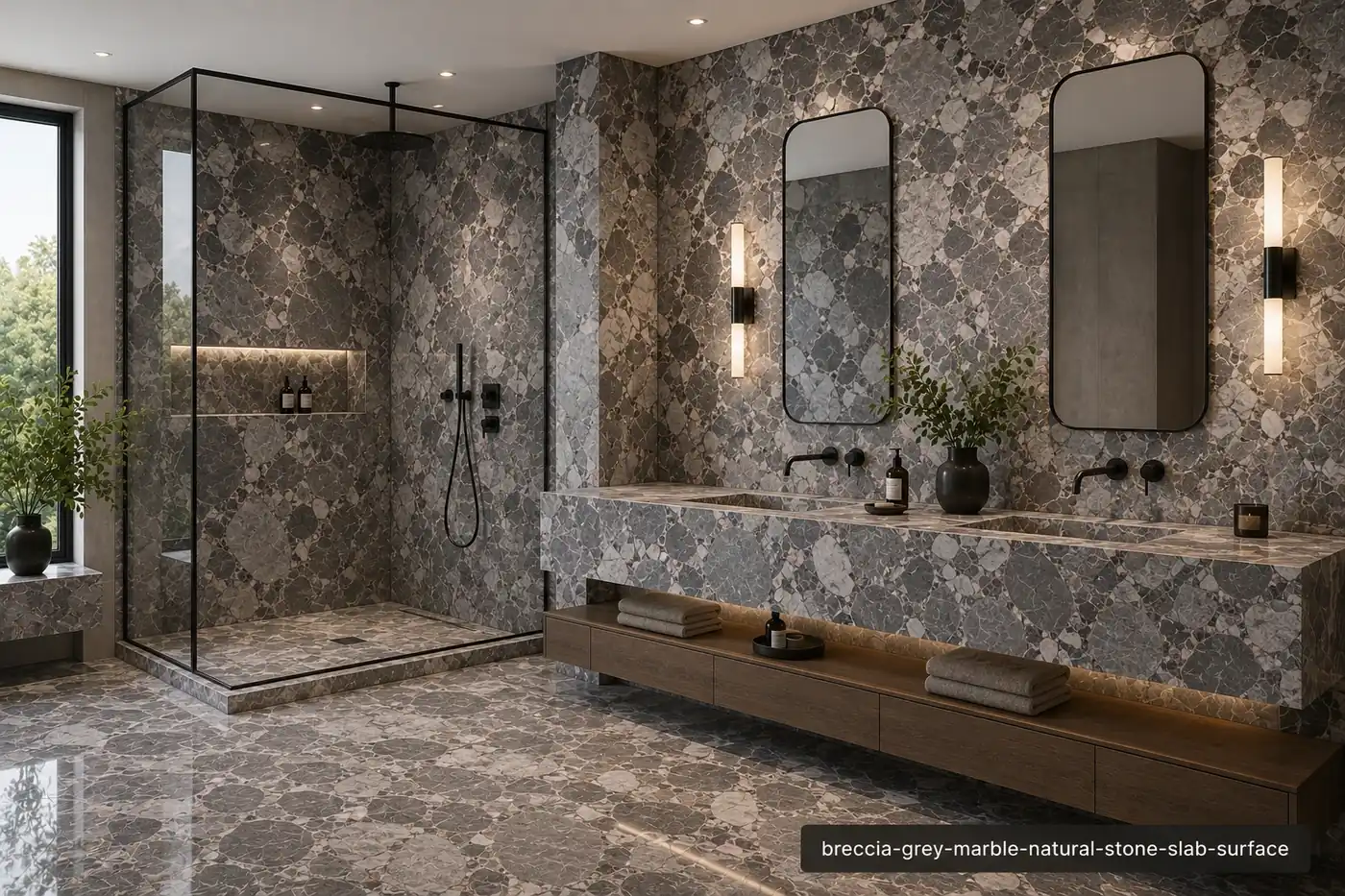 Cool toned mineral mosaic across a shower wall, floating vanity and floor panels with grey fragments and fine pale seams.