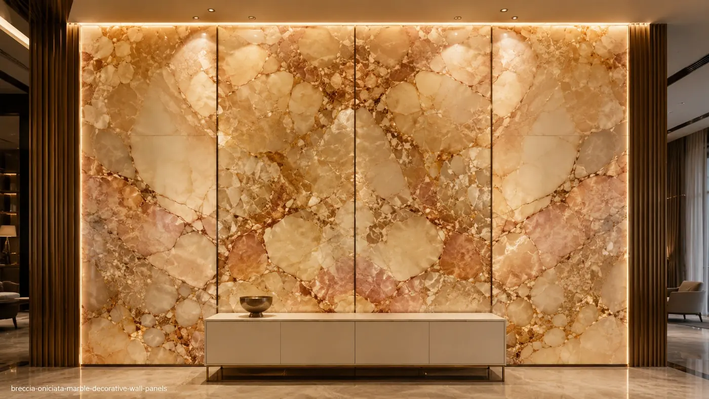 Bookmatched Breccia Oniciata Marble wall panels with beige, honey, peach and pink brecciated movement.