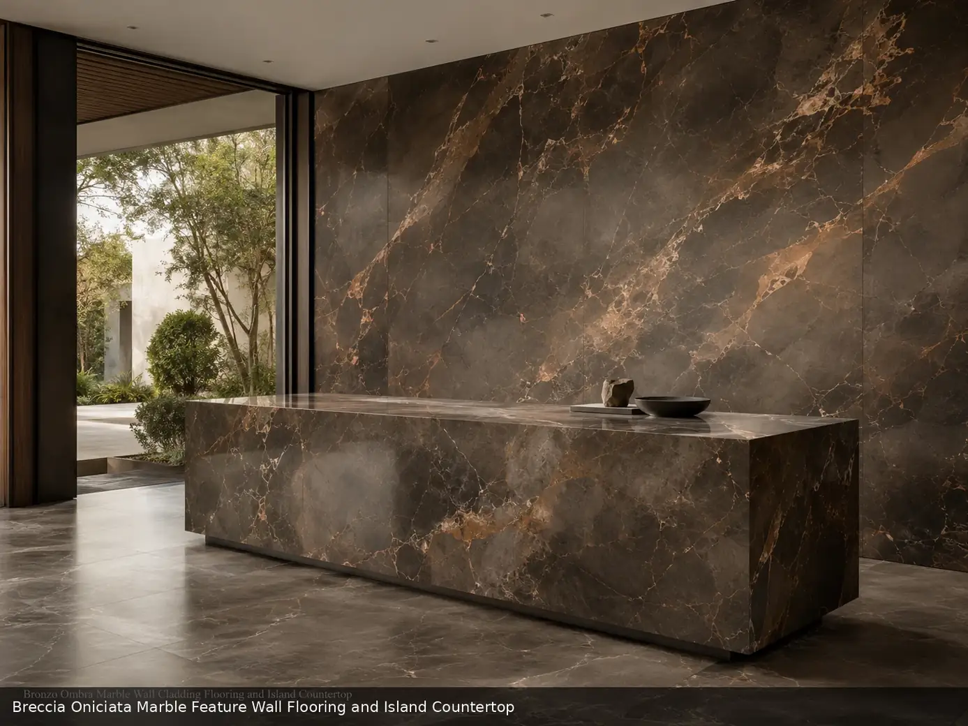 polished warm statement material across feature wall, floor and island countertop, with realistic veining and soft daylight.
