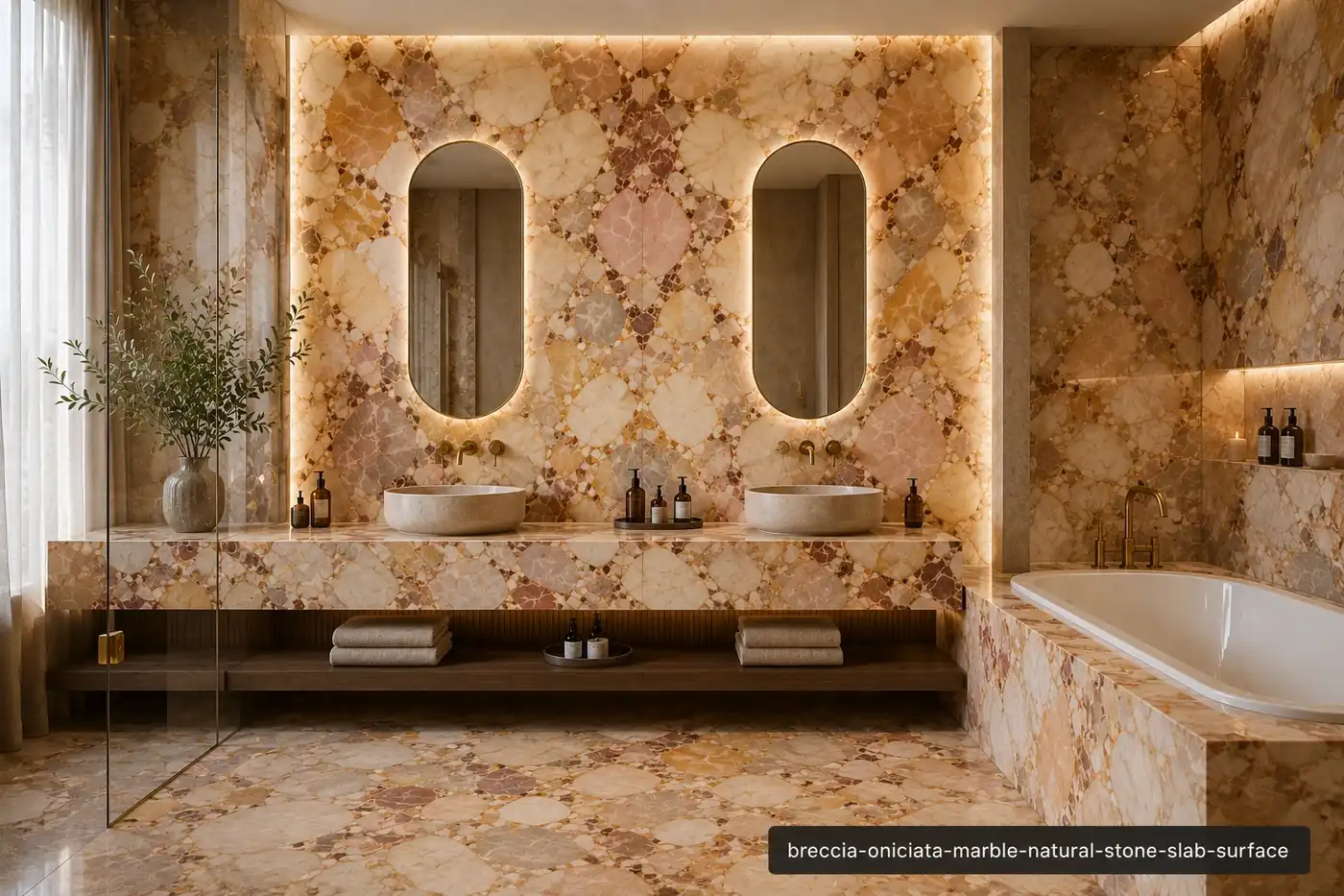 Translucent onyx like surface on a spa feature wall, vanity and bathtub surround with warm honey, peach and rose fragments.