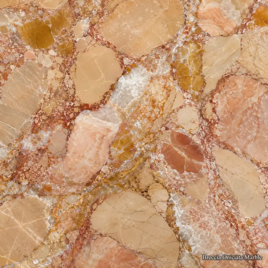 Breccia Oniciata Marble with warm rose breccia stone, beige fragments, peach clouds, hazelnut veins and rich polished depth.