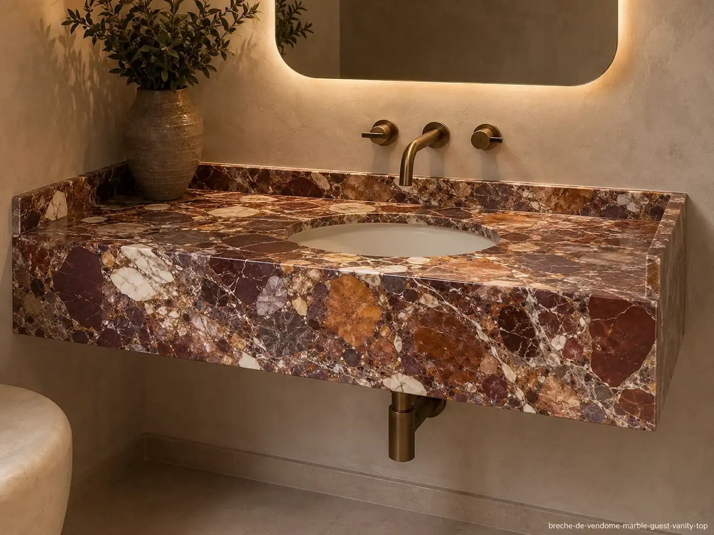 Breche De Vendome Marble guest vanity top with burgundy, amber, cream and purple brecciated stone.