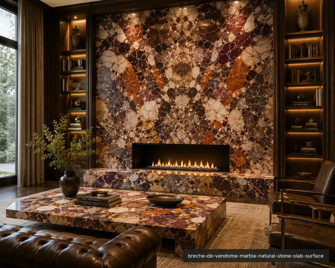 Cream grey mineral mosaic on a library fireplace wall and central table with burgundy, amber and purple brecciated fragments.