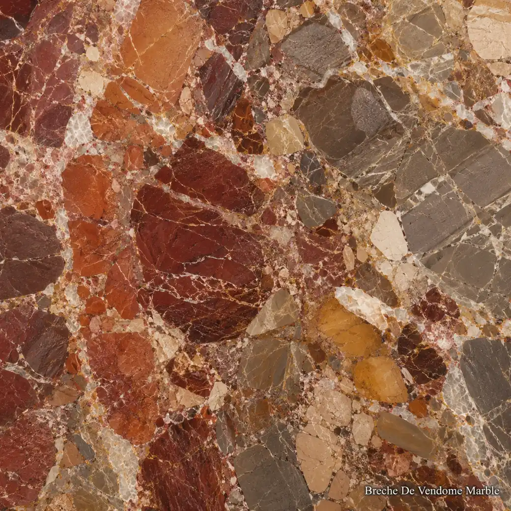 Breche De Vendome Marble with historic French breccia stone, burgundy fragments, amber-gold veins and rich polished depth.