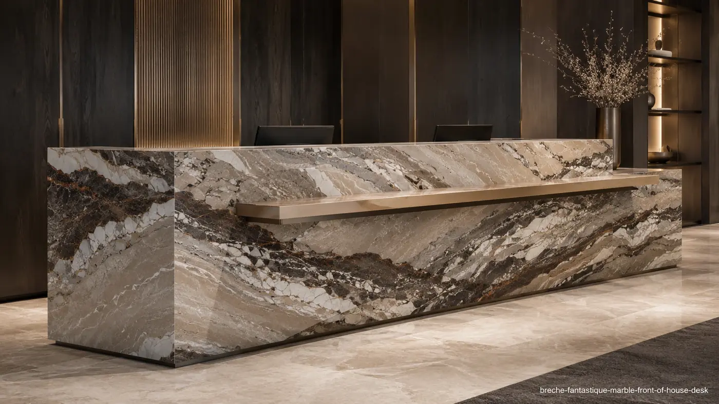 Breche Fantastique Marble front-of-house desk with layered beige, grey, charcoal and rust geological bands.