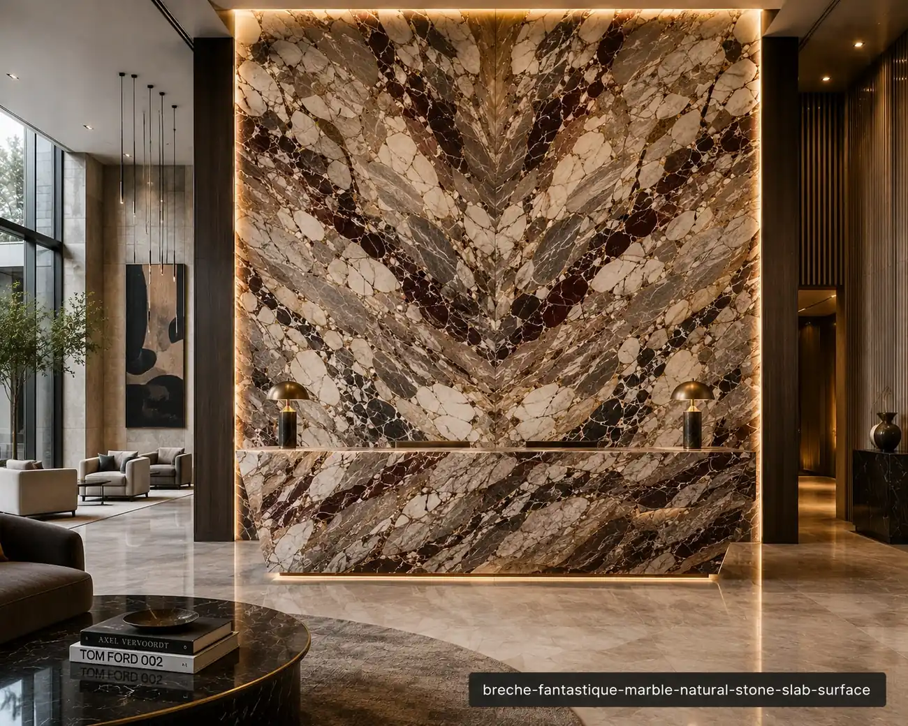 Richly fragmented statement stone on a lobby wall and reception desk with flowing beige, grey, rust and charcoal strata.
