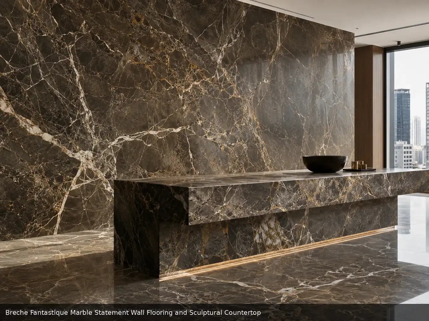 expressive natural collage texture on statement wall, floor and stone countertop, with natural veining in a refined interior.
