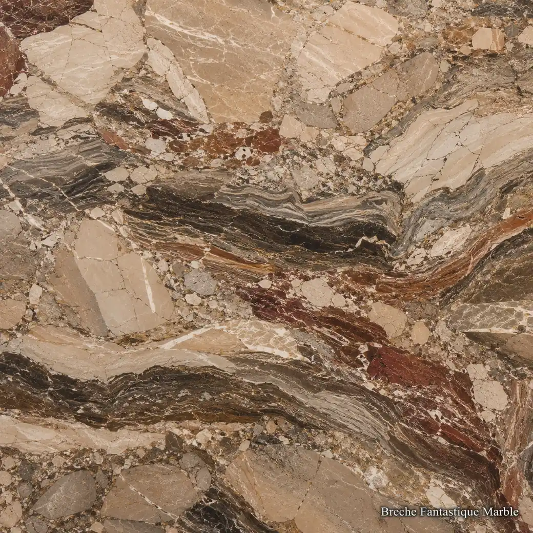 Breche Fantastique Marble with fantastical multicolor breccia, beige strata, charcoal bands, rust accents and polished depth.