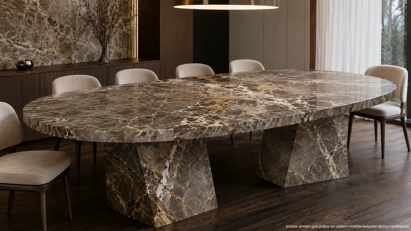 Bronze Armani Gris Pulpis Art Pattern Marble dining table with bronze-grey stone and intricate gold-white veins.