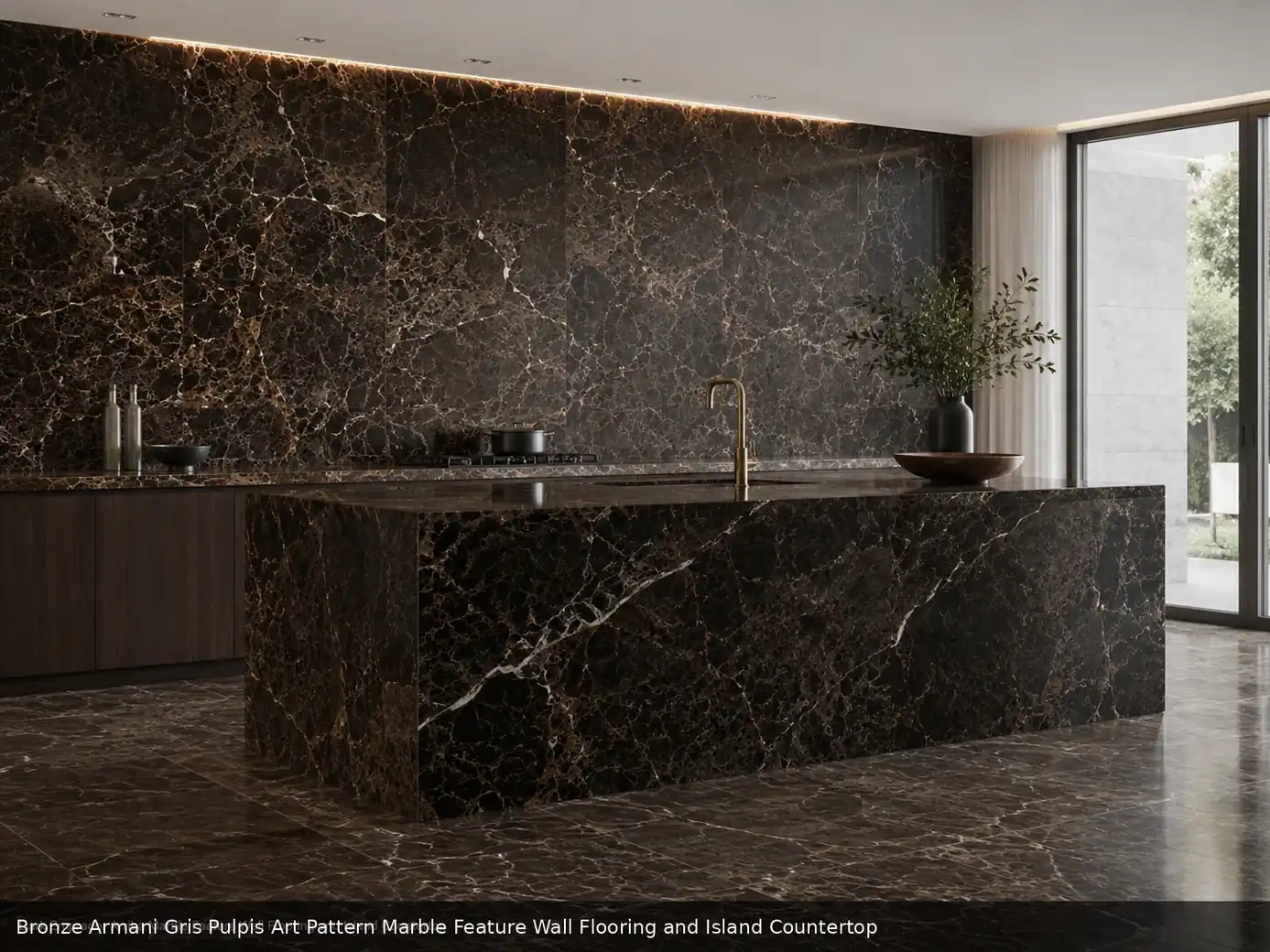 contemporary engraved feature material on feature wall, floor and island counter, with natural veining and soft daylight.