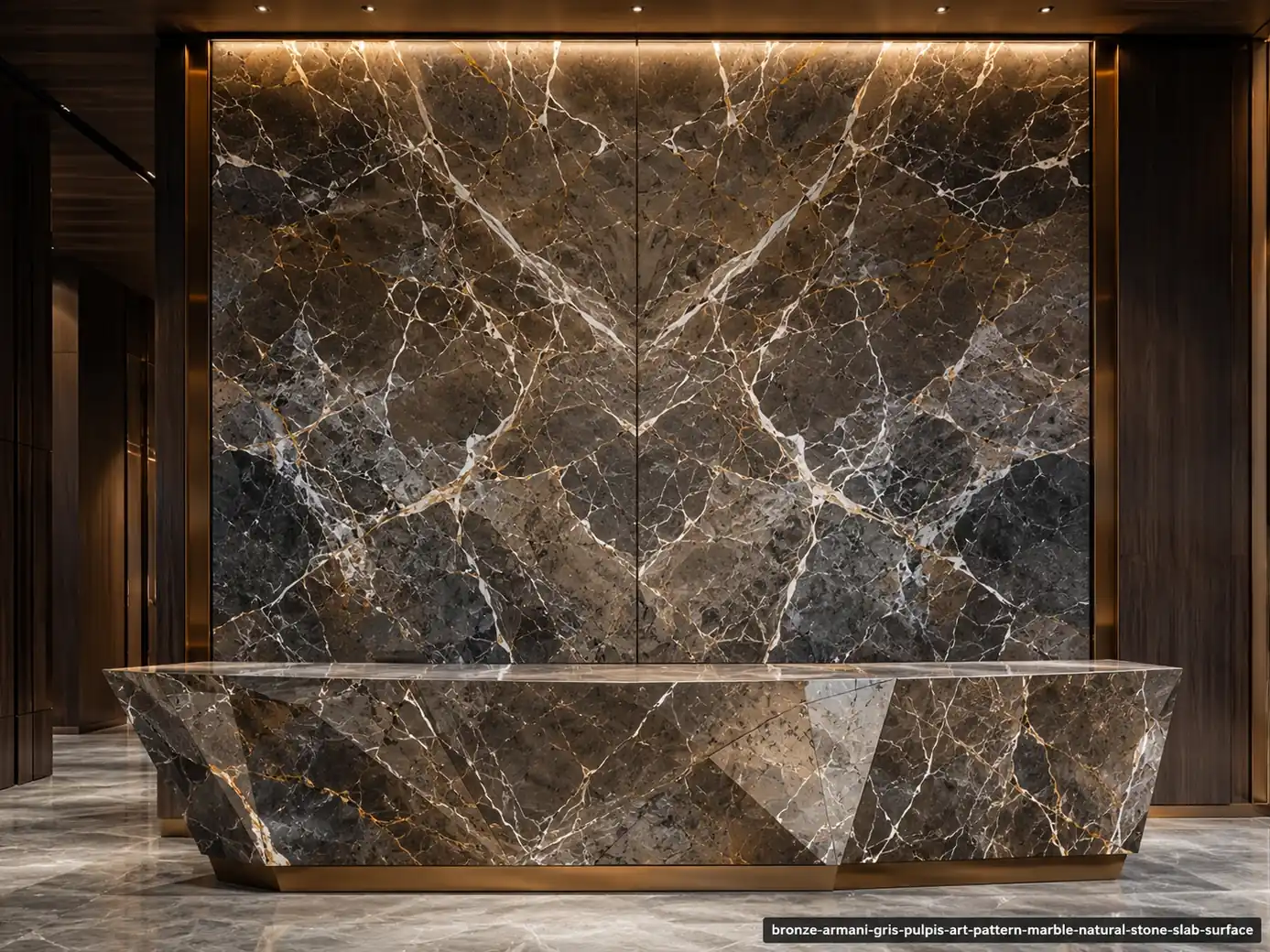 Patterned taupe luxury surface on an art-gallery wall and reception counter with branching white, gold and charcoal lines.