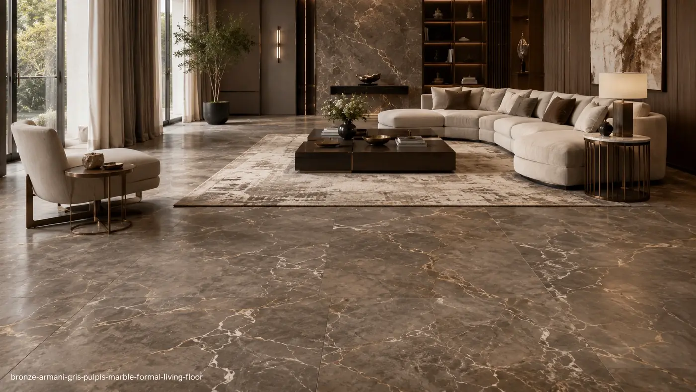 Bronze Armani Gris Pulpis Marble formal living floor with honed taupe-brown slabs and refined white veining.